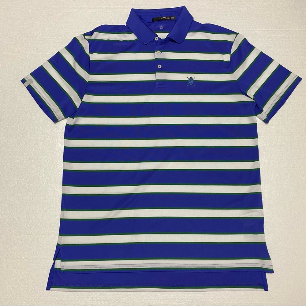 Ralph Lauren RLX Performance Golf Polo Blue White‎ Striped Mens Size Large EUC